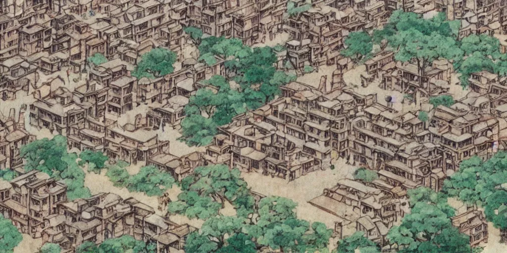 Image similar to studio ghibli film still of a forest city, kowloon walled city, ruined buildings, animals