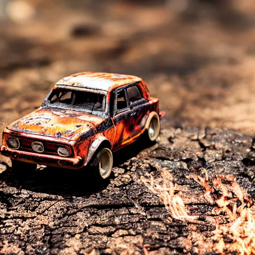 Image similar to macro photography of a toy hot wheels car driving through a forest fire, 3 5 mm