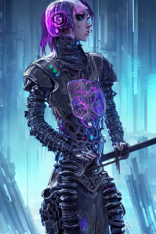 Prompt: [ grimes in medieval cyberpunk armor ]! holding a [ sword in her hand ]! looking out into the [ futuristic cyberpunk city ]!, digital art style, anime style, trending on [ artstation ], 4 k, cgsociety contest winner, award winning, neon! lighting, neon subsurface scattering!, intricate, full - body!, volumetric lighting!