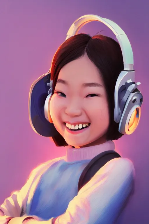 Image similar to a painting of cute Asian girl smiling, scifi headset, in the style of Pixar animation, low angle view, 16mm lens, award winning, hyper detailed, dramatic lighting, artstation, octane renderer, unreal engine