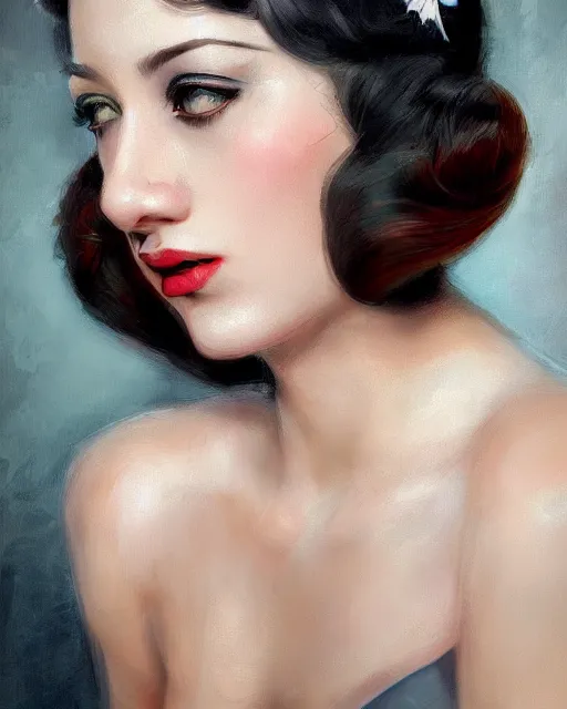 Image similar to artgerm and wlop realist close portrait digital painting of a 1 9 2 0 s beautiful woman at a party in a mansion, strong contrast, unreal engine, hyper realism, realistic shading, cinematic composition, realistic render, octane render, detailed textures, photorealistic, ultrawide shot, 3 5 mm film