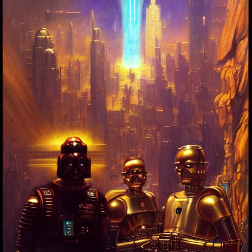 Image similar to portrait c 3 po. spaceship futuristic city. shadowrun cyberpunk fantasy d & d painting by gaston bussiere craig mullins jc leyendecker gustav klimt artgerm greg rutkowski john berkey, bergey, craig mullins, ruan jia, raymond swanland, tom lovell