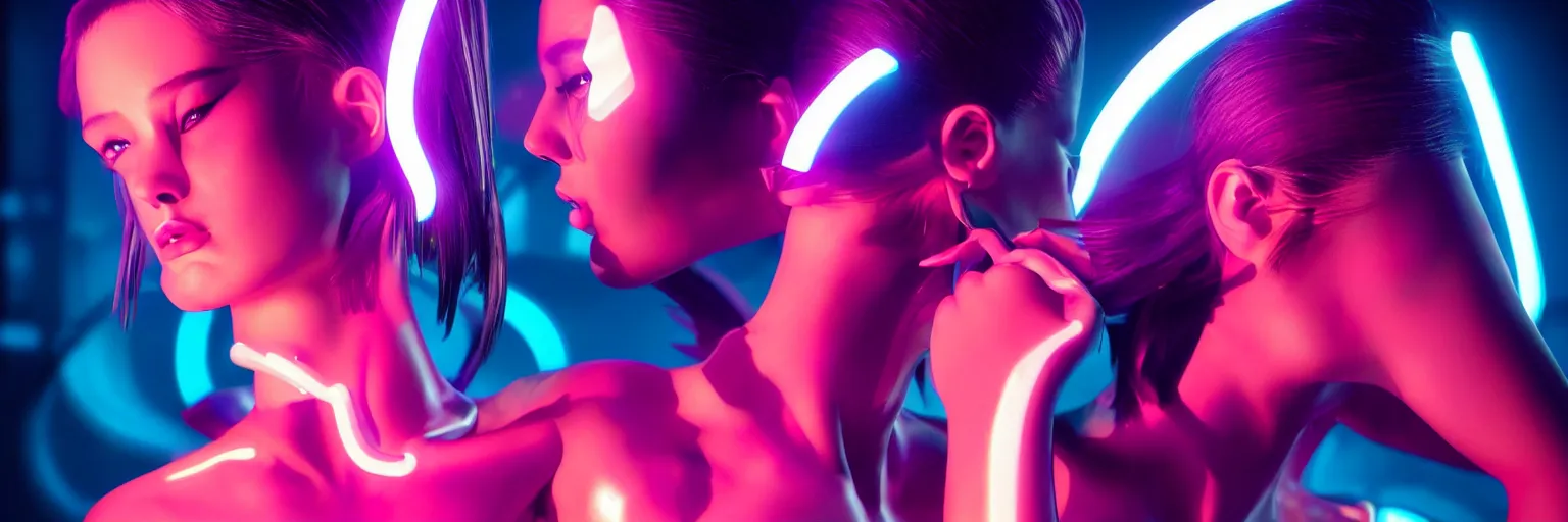 Image similar to 2 0 0 mm lens photography of a few female humanoid cropped tight portrait, cyberpunk high fashion, elegant profile pose, cyber neon lighting, retro futurism, retro futuristic glossy latex bikini, bokeh background, profile posing, hyper photorealistic, crispy quality, digital photography, art by pascal blanche, art by artgerm, art by greg rutkowski,