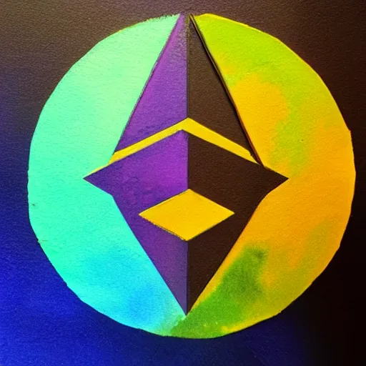 Image similar to 3D of the ethereum symbol, flat paint ,acrylic, minimal, abstract, art style by Joshy Sly, water color, soft pastel colors