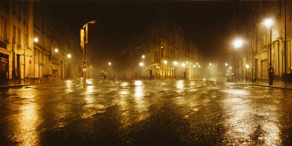 Image similar to street of paris photography, night, rain, mist, cinestill 8 0 0 t, in the style of william eggleston