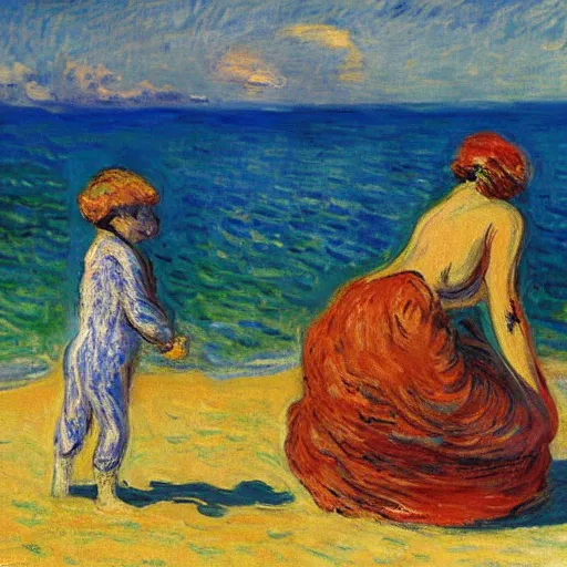 Image similar to a mummy and a werewold holding hands on ipanema beach by monet