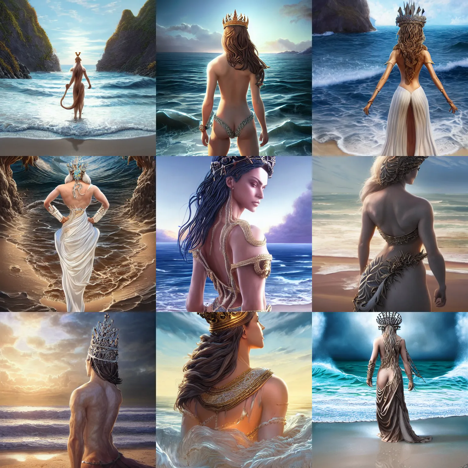 Prompt: fully clothed goddess turned his back standing on beach, beautiful waves in sea, wearing a highly detailed crown made of white gold, highly detailed, unreal engine 5, wide angle, by artgerm and greg rutkowski