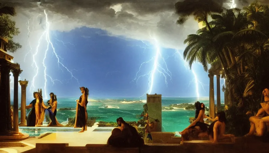 Image similar to From Inside the giant Palace, mediterranean balustrade and columns, refracted line and sparkles, thunderstorm, greek pool, beach and Tropical vegetation on the background major arcana sky and occult symbols, by paul delaroche, hyperrealistic 4k uhd, award-winning, very detailed paradise