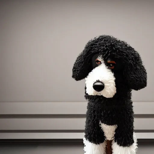 Image similar to a closeup photorealistic photograph of a cute smiling knitted bernedoodle judge dog dressed in a black gown, presiding over the courthouse. indoors, professional capture, well lit shot. this 4 k hd image is trending on artstation, featured on behance, well - rendered, extra crisp, features intricate detail, epic composition and the style of unreal engine.