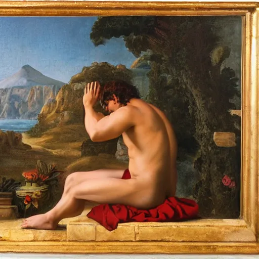 Image similar to thinking man kneeling in front of Aphrodite, painting, greek