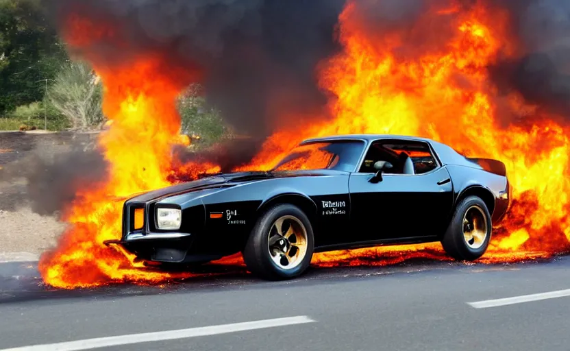 Prompt: a black 1 9 7 3 pontiac firebird trans am sd - 4 5 5 driving high speed, fire explosion in the background, action scen. realistic. dramatic