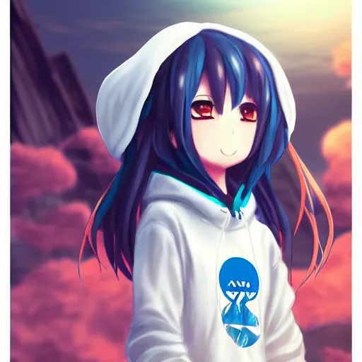 Prompt: advanced anime character art render, beautiful anime girl wearing a whale hoodie outfit , Rossdraws, WLOP , Sakimimichan