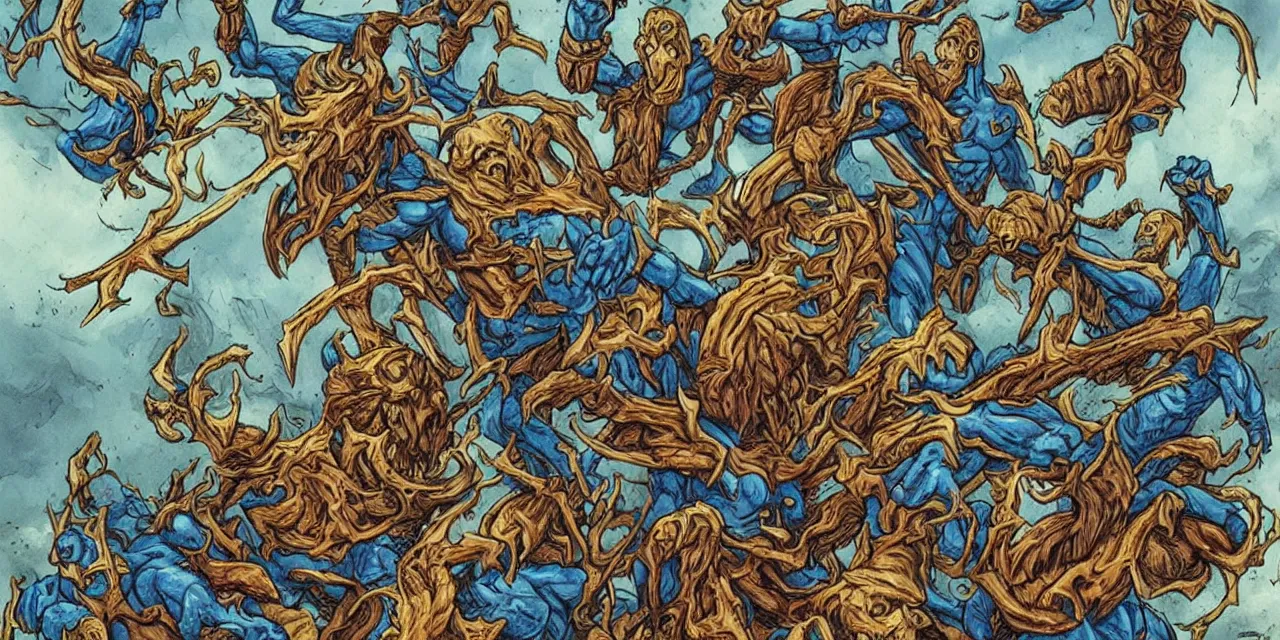 Prompt: the seven headed hydra was battling the smurfs for the souls of the damned