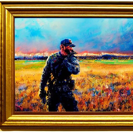 Image similar to chris kyle by leroy neiman, intricate, ultra detailed painting, atmospheric lighting, golden hour