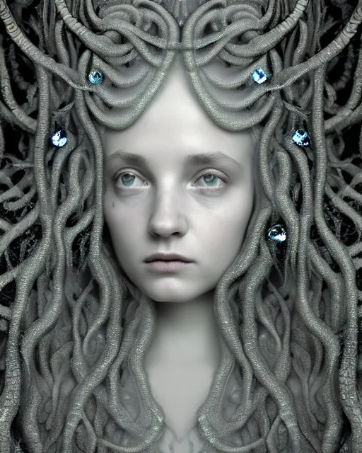 Image similar to surreal mythical dreamy underwater artistic bw 3 d render of a translucent beautiful young female angelic - medusa - vegetal - cyborg covered with fish scales and algae, highly detailed, intricate crystal ivy jelly fish scales ornate, poetic, octane render, 8 k, photo - realistic, by diane arbus in the style of gustave dore and pre - raphaelites