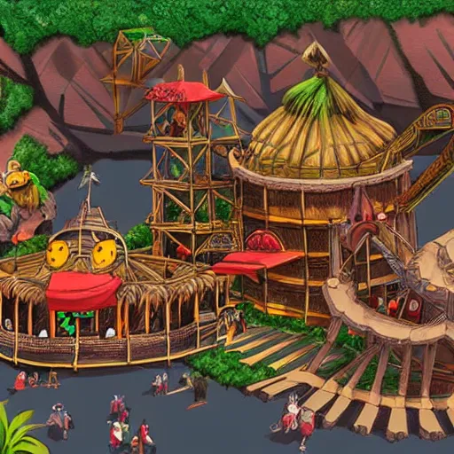 Prompt: digital concept art of donkey kong country theme park