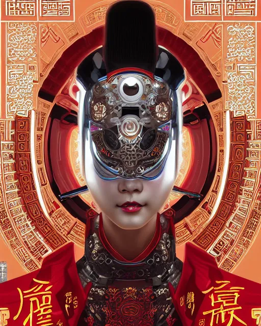 Image similar to portrait of a chinese cyberpunk machine, machine face, robed, upper half portrait, decorated with chinese opera motifs regal royal fierce machine robot cyberpunk fine china, wuxia, traditional chinese art intricate intense elegant highly detailed digital painting artstation concept art smooth sharp focus illustration, art by artgerm and greg rutkowski alphonse mucha 8 k