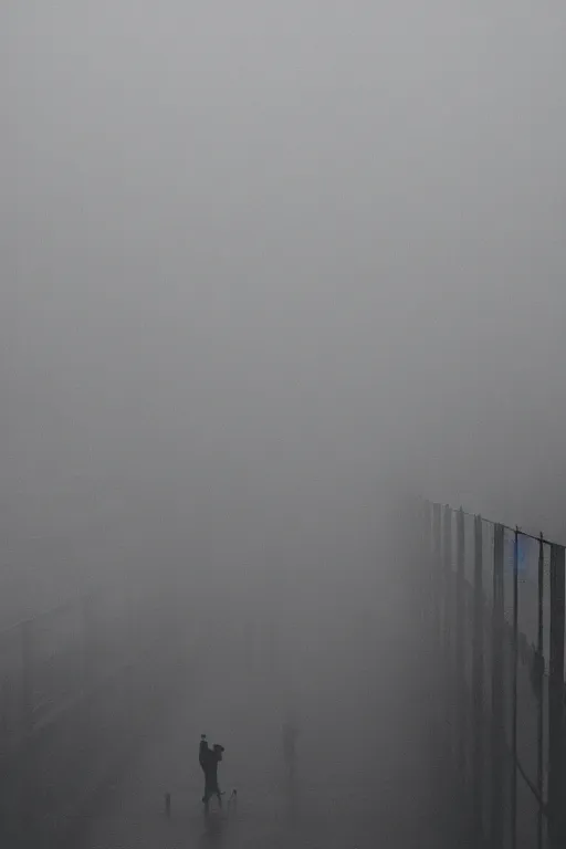 Image similar to empty urban city, foggy, silhouette in sky, floating people