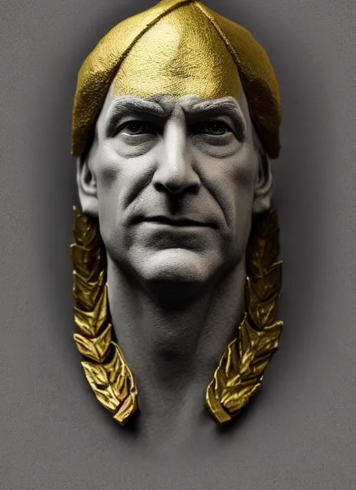 Prompt: portrait of bob odenkirk in cement, with a gold laurel wreath on head, dramatic rendering, fantasy, medieval wear, intricate, elegant, highly detailed, artstation, concept art, smooth, sharp focus, sculpture!!