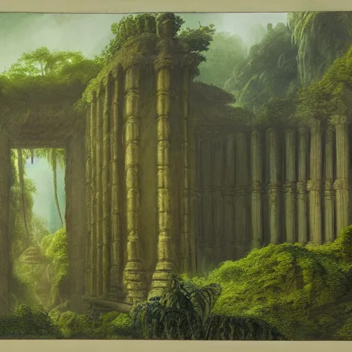 Prompt: a highly detailed matte painting of a lost jungle temple, by Caspar Friedrich