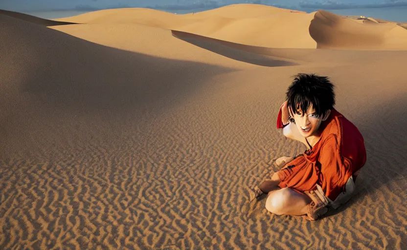 Image similar to a luffy in sand dunes, photography by kim jung gi