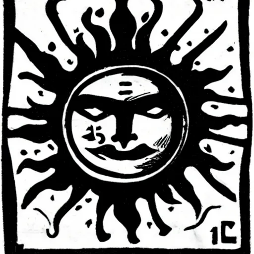 Prompt: The sun with a face. Sun Heraldry. Dark Fantasy, Film Noir, Black and White. High Contrast, Mike Mignola, D&D, OSR