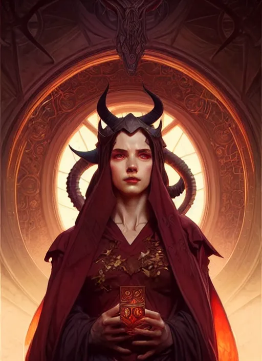 Prompt: a beautiful tiefling sorcerer with runic magic theme, intricate, sharp focus, illustration, highly detailed, digital painting, concept art, matte, art by WLOP and Artgerm and Greg Rutkowski and Alphonse Mucha, masterpiece