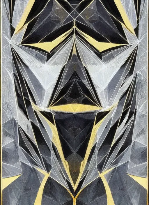 Image similar to black gold silver, crow portrait!!!!!, symmetrical, award - winning painting, abstract, gold and silver shapes, rectangles, geometry, elegant, luxurious, beautiful, pitch black background