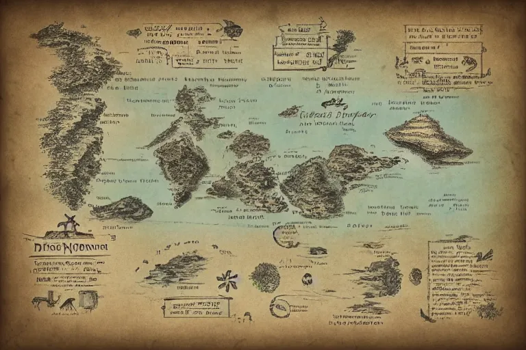 Image similar to imaginary map of an island, drawing of different elements in the lands, different realms, blueprint, infographic, on paper, natural colors, vintage, with notes, highly detailed, trending on artstation, fantasy art