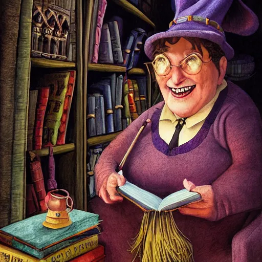 Prompt: Portrait of Nanny Ogg as a jovial, motherly professor in Hogwarts School of Witchcraft and Wizardry, detailed, hyperrealistic, colorful, cinematic lighting, digital art by Paul Kidby and Jim Kay