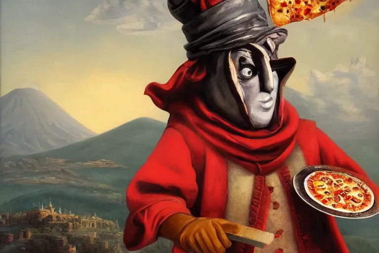 Prompt: a highly detailed pulcinella! holding a pizza! margherita, full body, volcano in background, lava and smoke, ominous, detailed painting by arturo faldi, trending on deviantart, octane, masterpiece