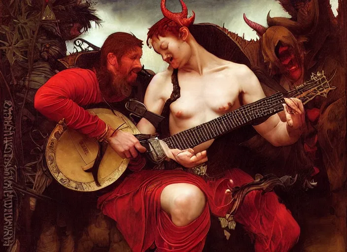 Image similar to a devil with red skin and horns. the red devil is bard playing lute. edgar maxence and caravaggio and michael whelan and delacroix style, artistic, intricate painting, cinematic lighting, hyper realistic, extremely detailed, vivid colors, establishing shot, dramatic lighting