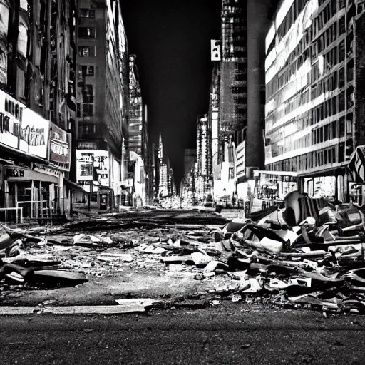 Prompt: photo of abandoned destroyed new york city street at night after the war between humans and ais, film grain, soft vignette, canon eos digital rebel xti, 1 0 0 - 3 0 0 mm canon f / 5. 6, exposure time : 1 / 1 6 0, iso 4 0 0