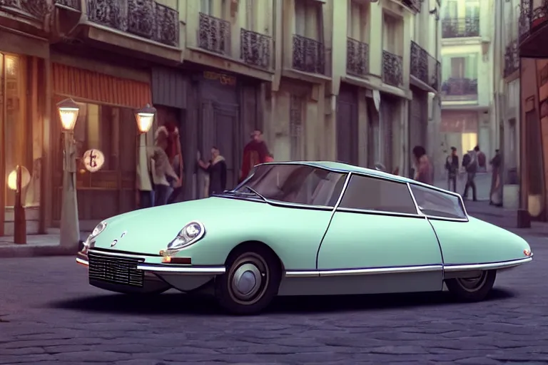 Image similar to a wholesome animation key shot of!! one!! focused!! 1 9 7 4 citroen ds!! in a paris street, medium shot, studio ghibli, ( pixar ) and disney animation, sharp, very detailed, high resolution, rendered in unreal engine 5, anime key art by greg rutkowski, bloom, dramatic lighting