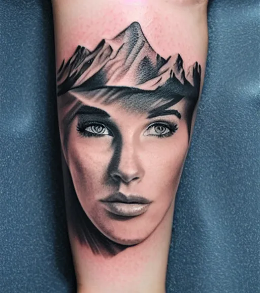 Image similar to hyper realism tattoo sketch of a beautiful woman face double exposure effect with beautiful mountains, in the style of matteo pasqualin, amazing detail, sharp, faded