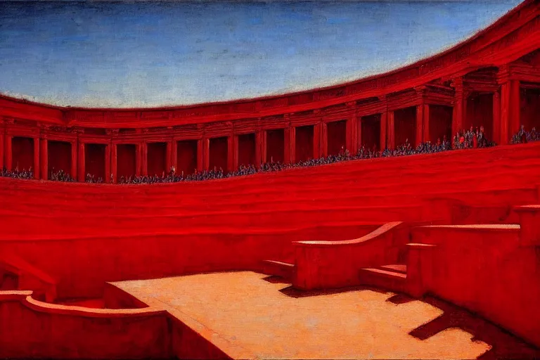 Image similar to only with red, a red great emperor, taormina amphitheatre, crowd with big smile, in the style of beksinski, parts by edward hopper, parts by rodcenko, parts by yue minjun, intricate and epic composition, red by caravaggio, insanely quality, highly detailed, masterpiece, red light, artstation, 4 k