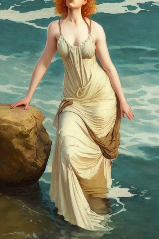 Prompt: a beautiful annie leonhart wearing a dress emerging from the water, oil on canvas, sensuality, artstation, by j. c. leyendecker and edmund blair leighton and charlie bowater