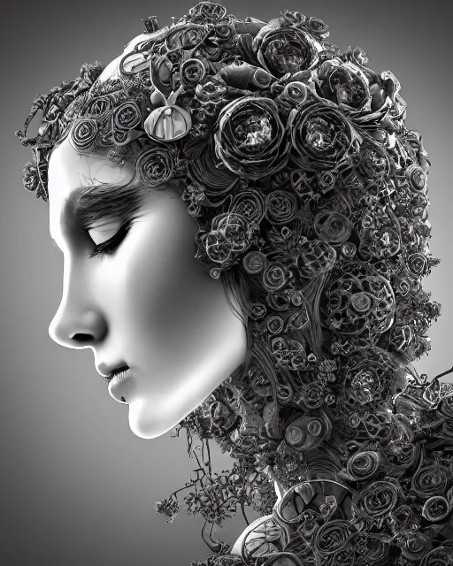 Image similar to mythical dreamy black and white organic bio - mechanical spinal ribbed profile face portrait detail of translucent steampunk beautiful female angelic - human - queen - vegetal - cyborg, highly detailed, intricate crystal ivy jelly ornate, poetic, translucent roses ornate, 3 d render, digital art, octane render, 8 k artistic photography, photo - realistic, by dora maar