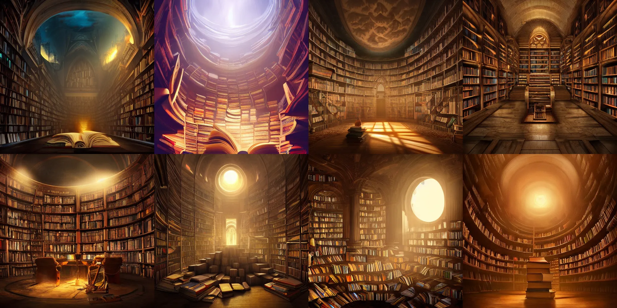 Prompt: myriads of books in a magic library, beautiful digital art, dramatic volumetric lighting, epic composition, trending on artstation