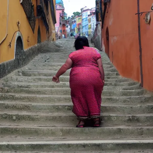 Prompt: a fat Indian woman falling down steps in Porto