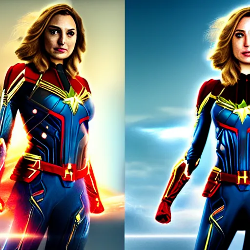 Prompt: a potrait of gal gadot as Captain Marvel by Zack Snyder, 8k photorealistic, cinematic lighting, HD, high details, dramatic, trending on artstation, view from above, dark atmosphere,