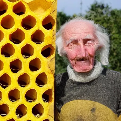 Image similar to an old man that looks like a honeycomb, bees in the background