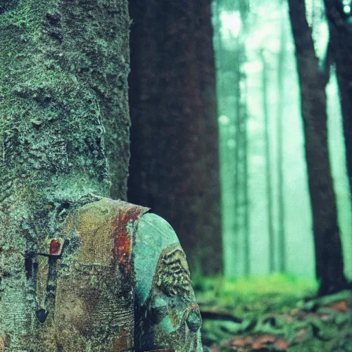 Image similar to close up kodak portra 4 0 0 photograph of a roman legimeer after the battle standing in dark forest, moody lighting, telephoto, 9 0 s vibe, blurry background, vaporwave colors, faded