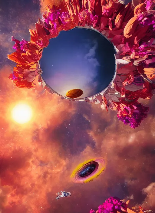 Image similar to An epic fantastic realism comic book style painting of the most beautiful flowers launched into space, bouquets, solar eclipse, fisheye, unreal 5, DAZ, hyperrealistic, octane render, dynamic lighting