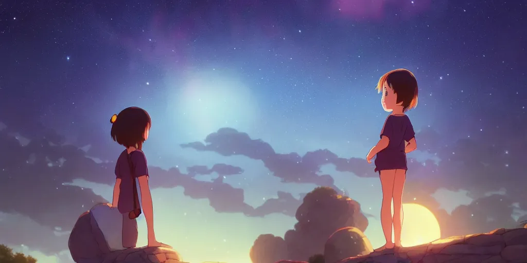 Image similar to a wholesome animation key shot of a focused girl looking at a starry sky at night, medium shot, waist up, studio Ghibli, Pixar and Disney animation, sharp, very detailed, high resolution, Rendered in Unreal Engine 5, anime key art by Greg Rutkowski, Bloom, dramatic lighting