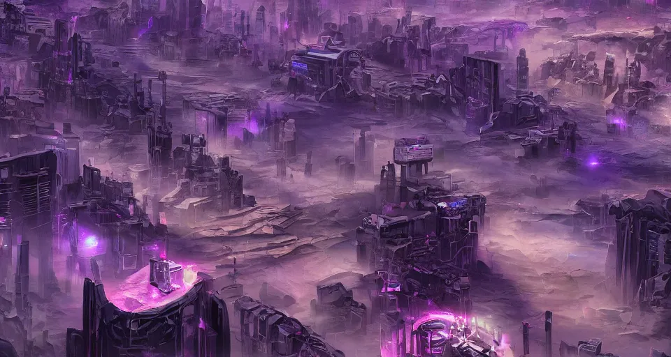 Prompt: Sci-fi landscape of an alley in a desert city, view from the top, purple color-theme, cinematic, science-fiction art wallpaper, stunning digital art