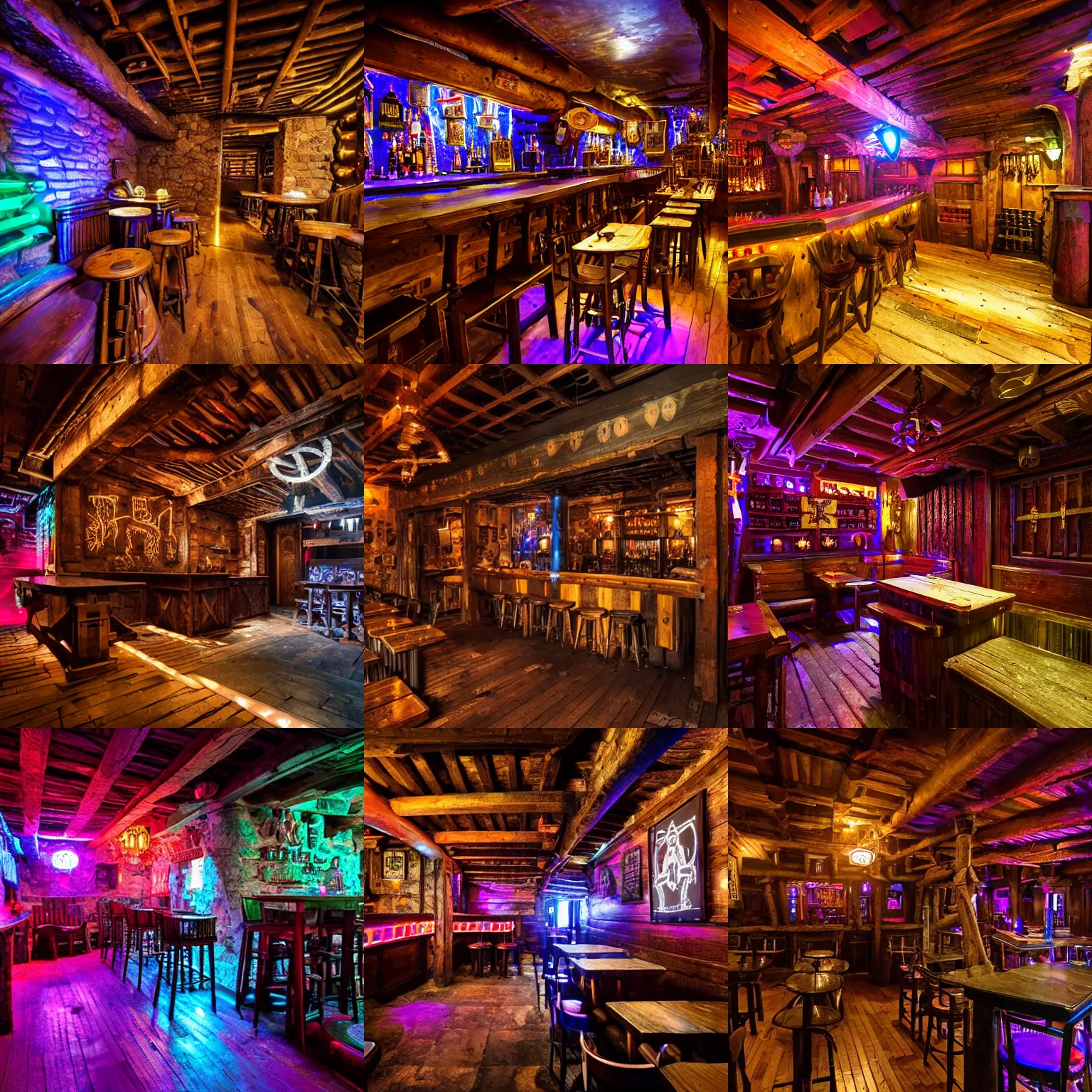 Prompt: a bar with medieval style interior, but covered in neon lights everywhere. walls are covered with arms and coats of teuntonic order, everything shines with rgb lights. ancient cabin with cyberpunk features. walls have medieval european weapons, relics flashing with purple light, hardwood tables in style of old 1 4 th century tavern. teutonic flags eveywhere.