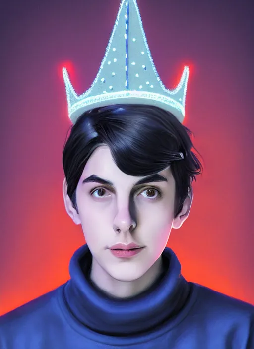 Image similar to portrait of teenage jughead jones wearing a light grey crown, crown, blue turtleneck, 1 9 5 0 s, closed eyes, photorealistic, black hair, glowing lighting, intricate, elegant, glowing lights, highly detailed, digital painting, artstation, concept art, smooth, sharp focus, illustration, art by wlop, mars ravelo and greg rutkowski