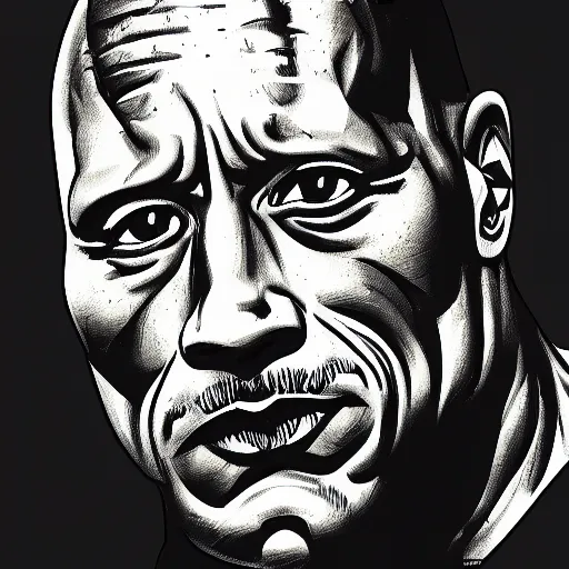 Prompt: a portrait of Dwayne Johnson as a rock statue, in the style of Moebius, black and white ink