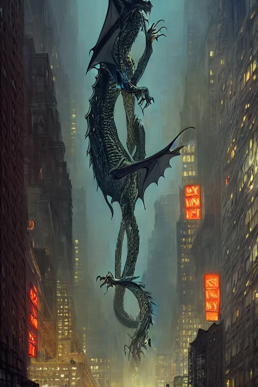 Image similar to a dragon in the middle of new york, fantasy, , sharp focus, intricate, elegant, digital painting, artstation, matte, highly detailed, concept art, illustration, ambient lighting, art by ilya kuvshinov, artgerm, Alphonse mucha, and Greg Rutkowski